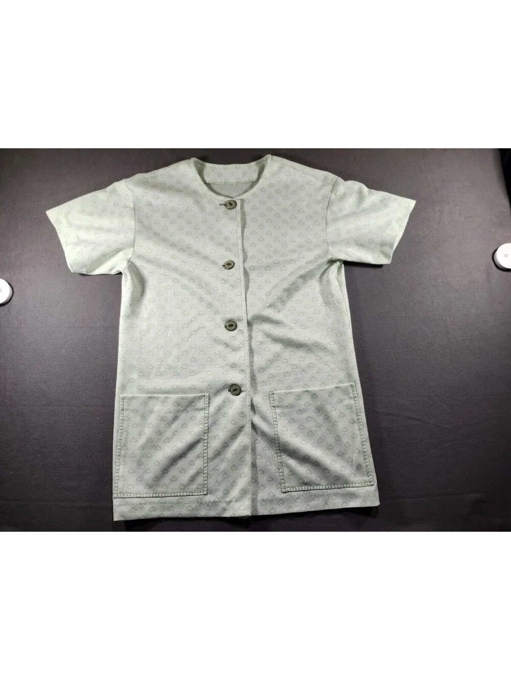 Women’s L Handmade 2pc Pajama Set Green/White Hearts Button-Front And 4 Pockets